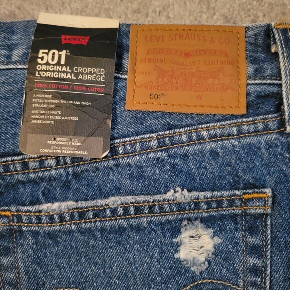 Levi’s 501 Original Cropped High Rise Distressed Jeans Unisex Size 32x28 - Picture 10 of 16